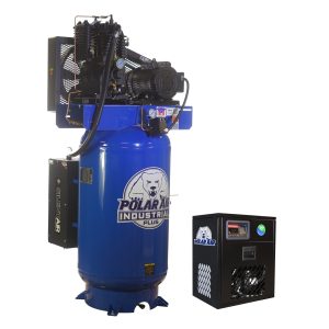Polar Air Silent Air Industrial Plus 5HP 19CFM 3 Ph 460V  2-Stage 80 Gal. Vertical Stationary Electric Air Compressor-W/ Pressure Lube Pump , Isolator Pads, Belt Tensioner, Continuous Run, Auto Drain w/ 30CFM Dryer